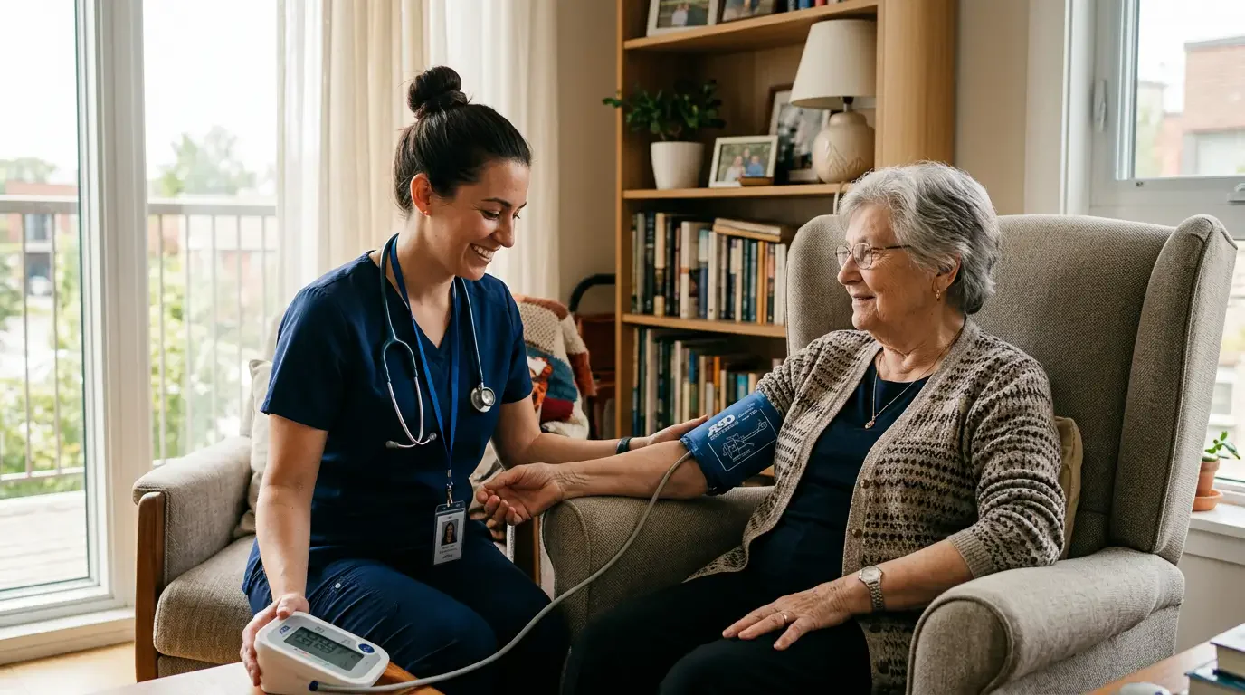 Медсестра измеряет давление пожилой пациентке на дому
