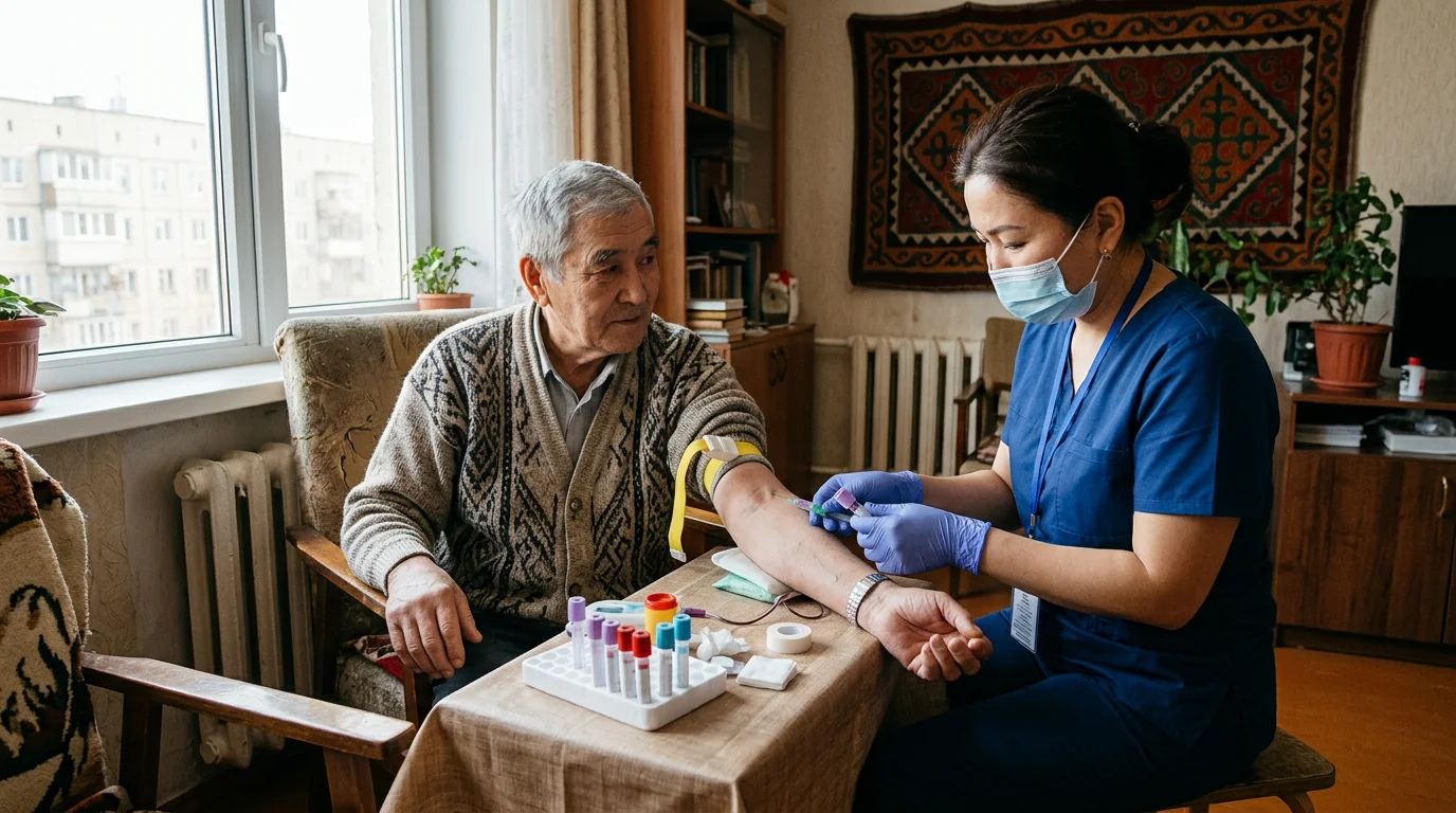 Забор крови на дому в Алматы — медсестра и пациент