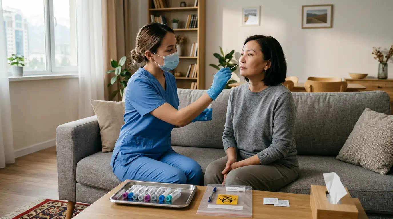 ПЦР тест на дому в Алматы — медсестра и пациент